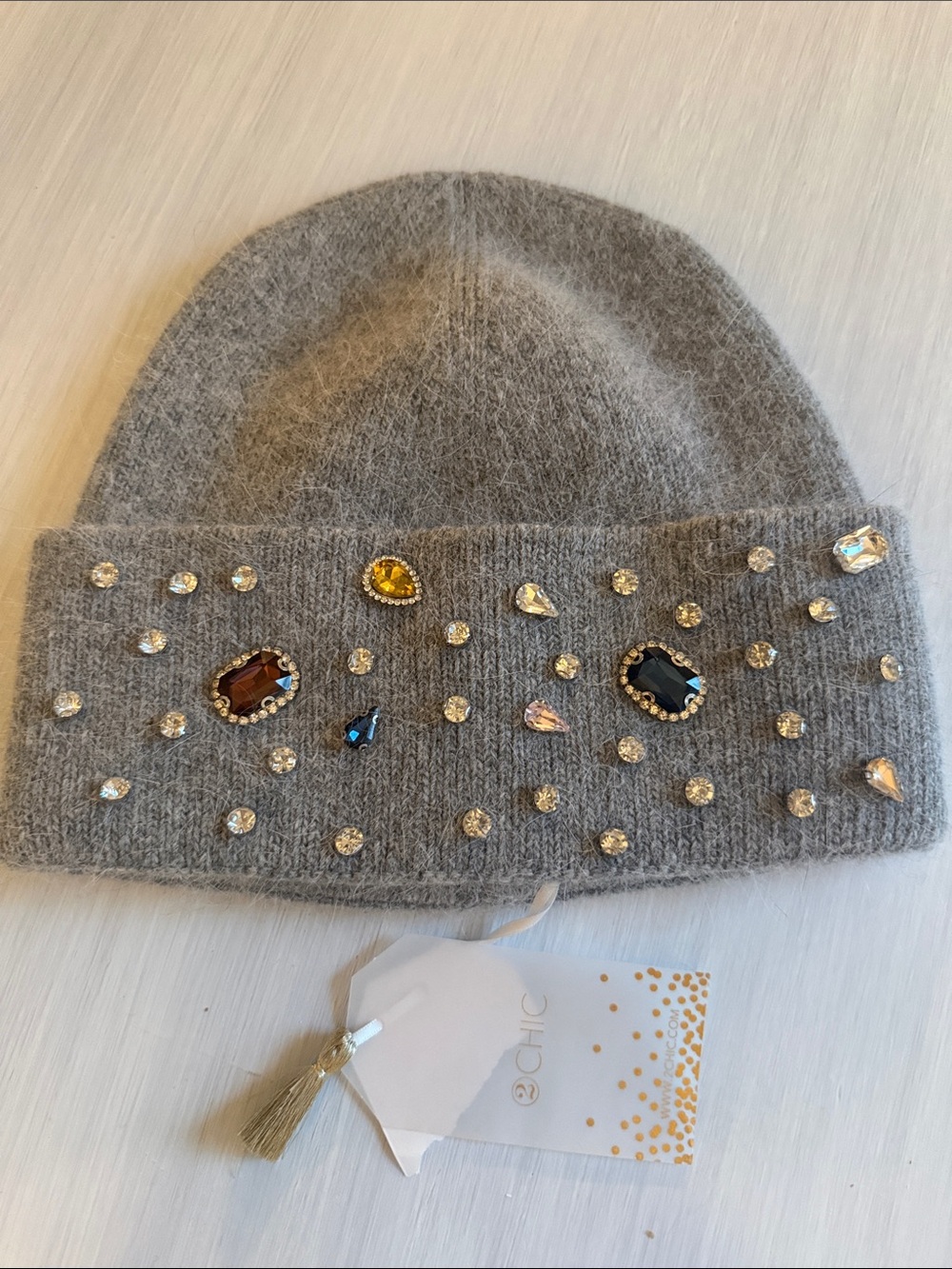 Chic’s Gray Knit Beanie with Jeweled Embellishments -NWT